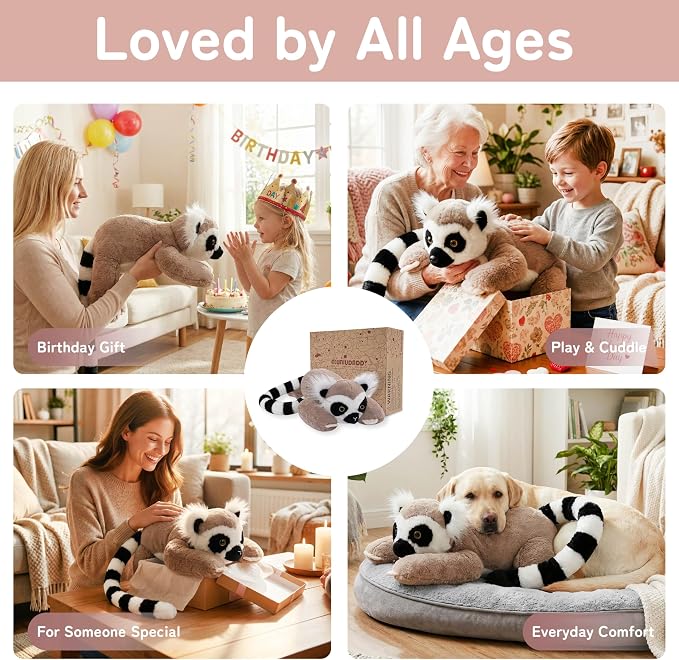 Niuniu Daddy Lemur Weighted Stuffed Animals for Kids & Adults, 20" | 3.3lb Large Weighted Plushies Pillow for Sleeping and Calming, Cute Lying Plush Toy Huggable Gift for Everyday Comfort