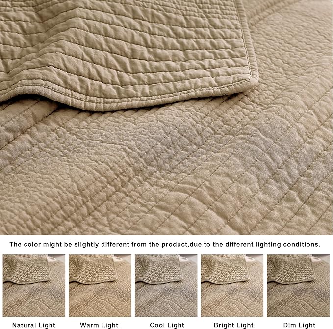 palassio Striped Dark Beige 100% Cotton Quilt Queen Size Bedding Sets, Lightweight Crinkly Channel Pick Stitch Textured Bedspread Soft Shabby Chic Farmhouse Country Coverlet for All Season, 2 Shams