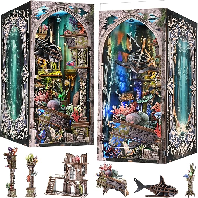 fifijoy Book Nook Kit - DIY Miniature Dollhouse Kit for Adults and Teens, 3D Wooden Puzzle Bookend with LED Light, Creative Bookshelf Decor Gifts for Family and Friends (Lost City of Atlantis)