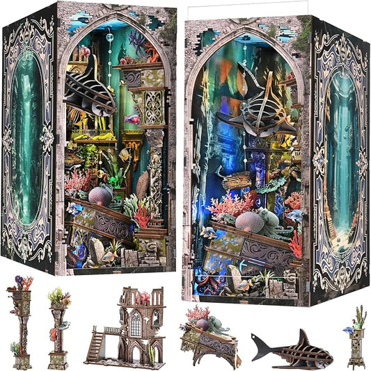fifijoy Book Nook Kit - DIY Miniature Dollhouse Kit for Adults and Teens, 3D Wooden Puzzle Bookend with LED Light, Creative Bookshelf Decor Gifts for Family and Friends (Lost City of Atlantis)