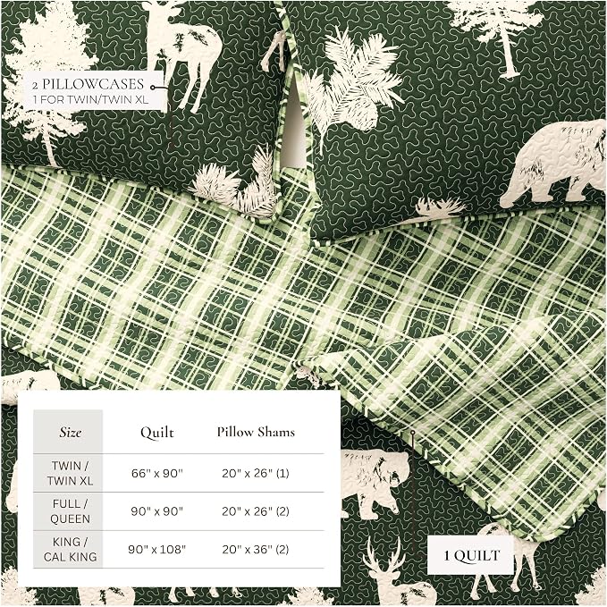 Great Bay Home Lodge Bedspread Twin/Twin XL Size Quilt with 1 Sham. Cabin 2- Piece Reversible All Season Quilt Set. Rustic Quilt Coverlet Bed Set. Rio Ridge Collection (Forest Green)
