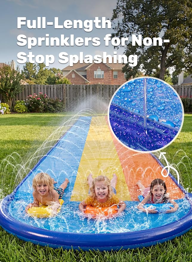 Sloosh Triple Water Slide with 3 BodyBoards, 18FT Lawn Slip Water Splash Slide Summer Toy Splash Pad with Build in Advanced Sprinkler for Kids Adults Backyard Summer Water Fun