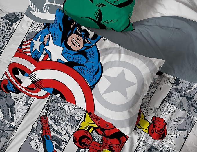 Jay Franco Marvel Avengers Comic Cool 7 Piece Full Bed Set - Includes Comforter & Sheet Set - Bedding Features Captain America, Spiderman, Iron Man, Hulk, & Thor - Super Soft