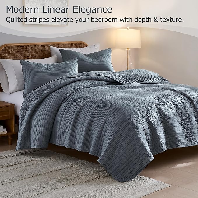 palassio Striped Blue Grey 100% Cotton Quilt Twin Size Bedding Sets, Lightweight Crinkly Channel Pick Stitch Textured Bedspread Soft Shabby Chic Farmhouse Country Coverlet for All Season, 1 Sham