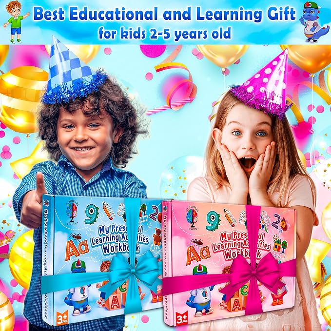 Curious 2 Learn Hardcover Preschool Activity Workbook for Kids Ages 3–5 – 32 Montessori Learning Activities with 9 Markers – ABC, Numbers, Colors & Shapes – Educational Gift for Boys & Girls