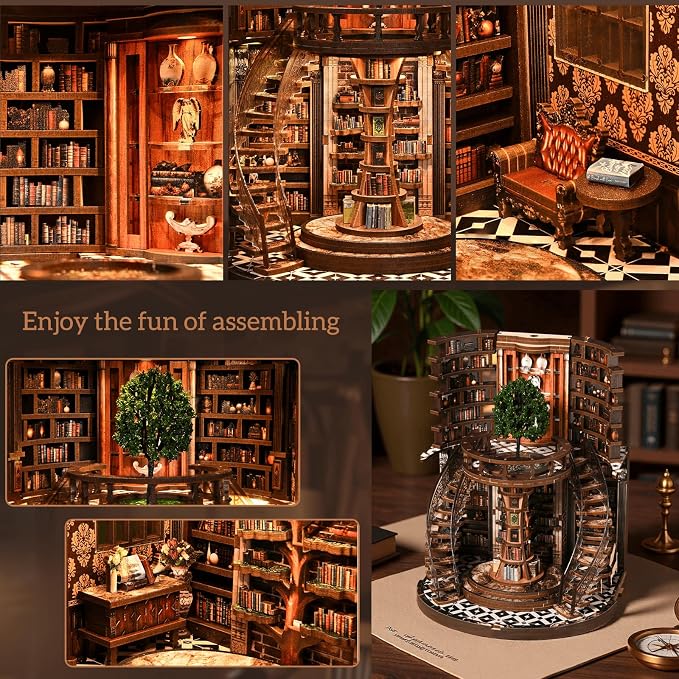 fifijoy DIY Book Nook Kit for Adults - 3D Wooden Puzzle Miniature House Kit with LED Light, Miniature Dollhouse Library Bookshelf Insert Decor, Creative Gift for Family, Friends (Wisdom Rings)
