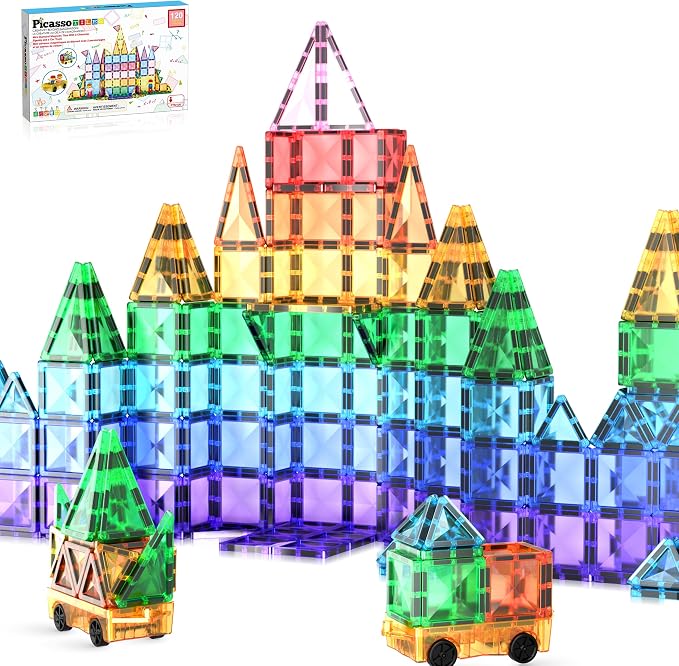PicassoTiles 120pcs Mini Size Magnetic Tiles Magnet Toys Diamond Series Sensory Construction Building Blocks Set STEM Learning Travel Size Educational Toy for Kids Boys Girls Toddlers Age 3+ PTM120