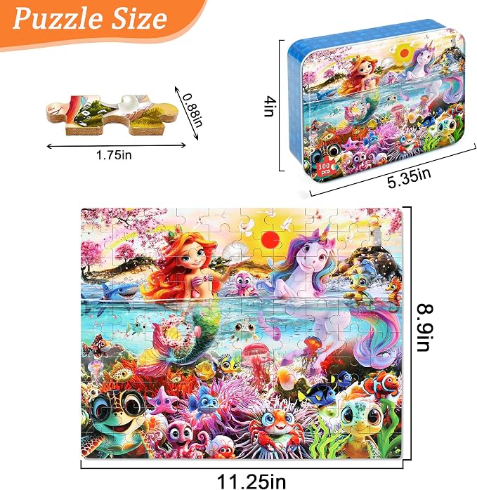 MZZOTOY Mermaid Unicorn Puzzles for Kids Ages 4-8, 100 Pieces Jigsaw Puzzles for Kids Ages 3-5 Puzzle for Girls and Boys Learning Educational Puzzles Toys in a Metal Box