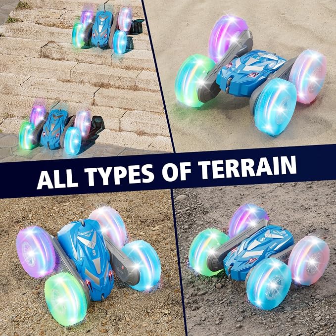 Amicool Remote Control Car for Boys 6-12 with Flashing Lights – 4WD Double-Sided 360° Flip Stunt RC Car | Birthday Indoor & Outdoor Play | Blue