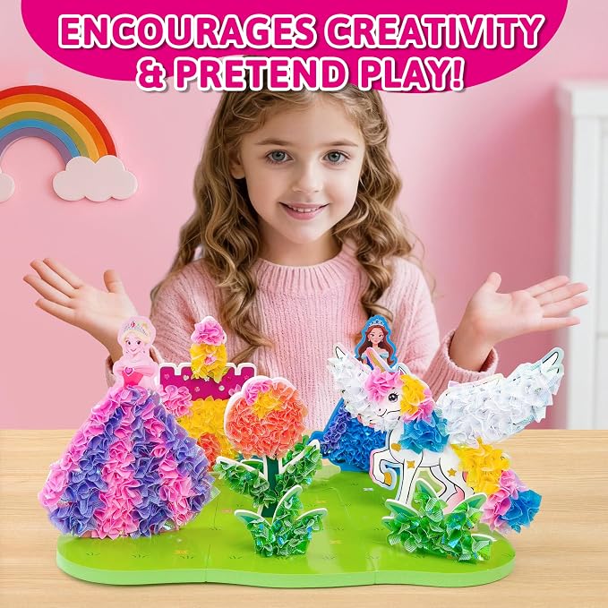 AGENTLAN Poke Art Princess & Unicorn Kit, Mess-Free Craft Set for Girls | Princess & unicorn designs, pre-cut fabric squares, poke craft activity, screen-free toy, birthday gift for girls ages 3-8