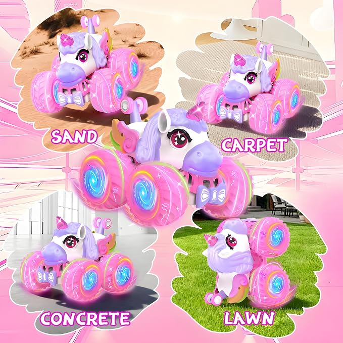 Remote Control Car for Girls, Unicorn Toys for Girls Age 3+ | 360° Rotating 4WD 2.4 GHz RC Stunt Cars with Light and Music, Unicorn Birthday Gifts Presents for 3 4-6 6-8