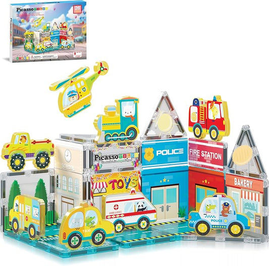 PicassoTiles Magnet Tile Building Blocks Metro City Themed Playset with 8 Character Action Figures Magnetic Tiles STEM Learning Early Education Toy Construction Set Toddlers Boys Girls Ages 3+ PTQ24