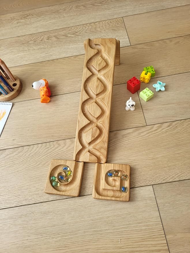 Wooden Marble Run Track Set of 2 Wind+Rocks Race Machine Set Wooden Maze Board Ball Run Montessori STEM Toy Gift for Kids Wave Course Winding Roller Track Game (Rocks+Whirlpol)