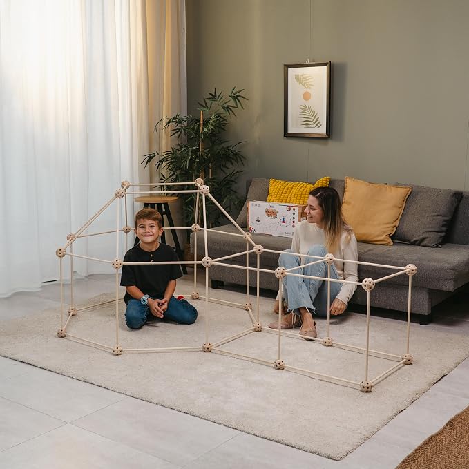 MIND KIDZ Wooden Fort Building Kit for Kids - STEM Montessori Construction Toy - 82 Pieces Fort Builder Play Set with Big Cotton Storage Bag