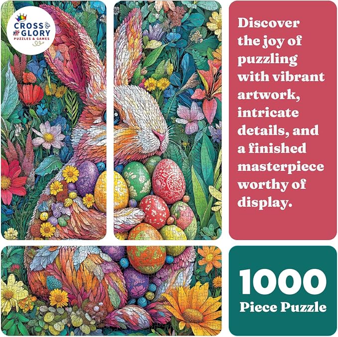 Cross & Glory | 1000 Piece Puzzle for Adults | The Easter Garden Bunny | Egg Rabbit & Botanical Spring Puzzle | Satin Finish | Easter Puzzles for Adults 1000 Pieces Ages 14+
