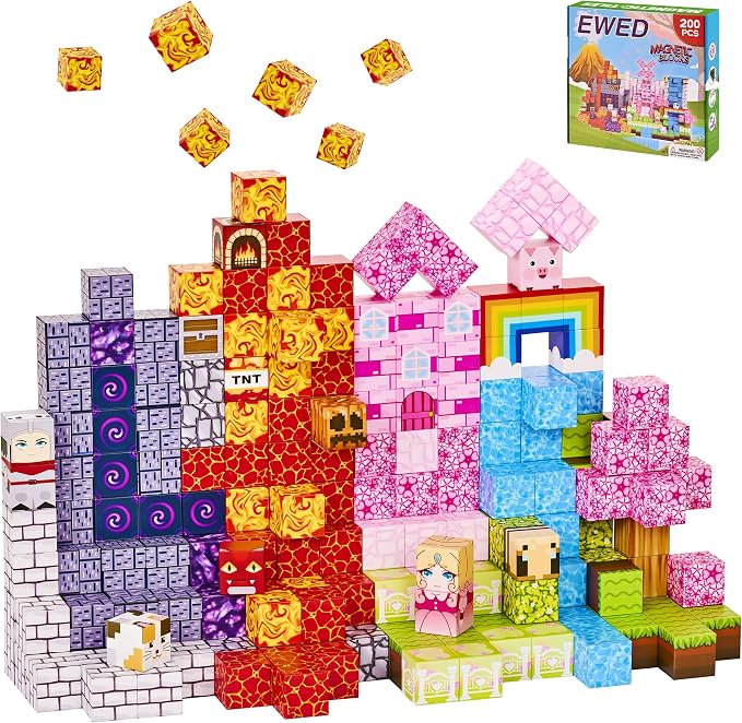 200PCS Magnetic Blocks, Magnetic Building Blocks Cubes Tiles, STEM Educational Stacking Magnets School Game Toys for Kid Ages 3 4 5 6 7 8 9 10 11 Birthday Party Supplies Gifts for Boys and Girls