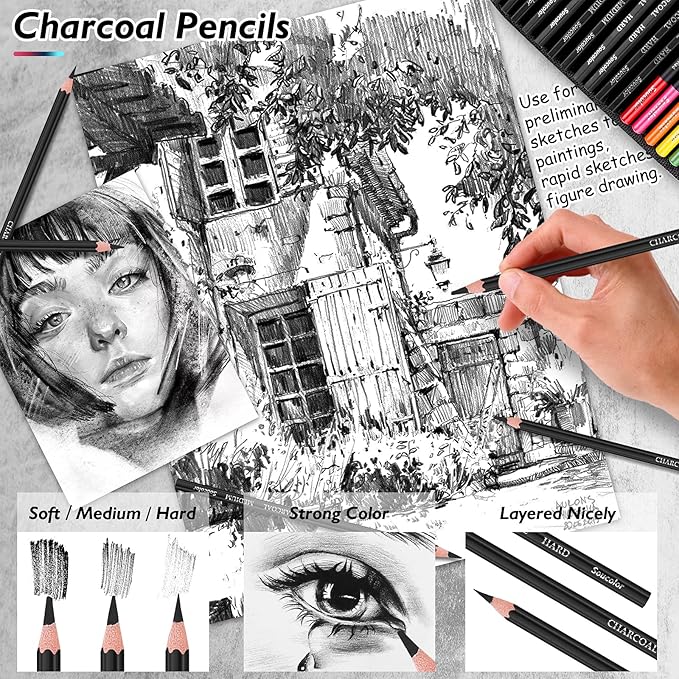 Soucolor 73 Pack Art Supplies Sketching Kit for Adults Artist Gifts, School Supplies, Drawing Sketching Pencils with Sketchbook, Coloring Book, Colored Watercolor Metallic Graphite Charcoal Pencils