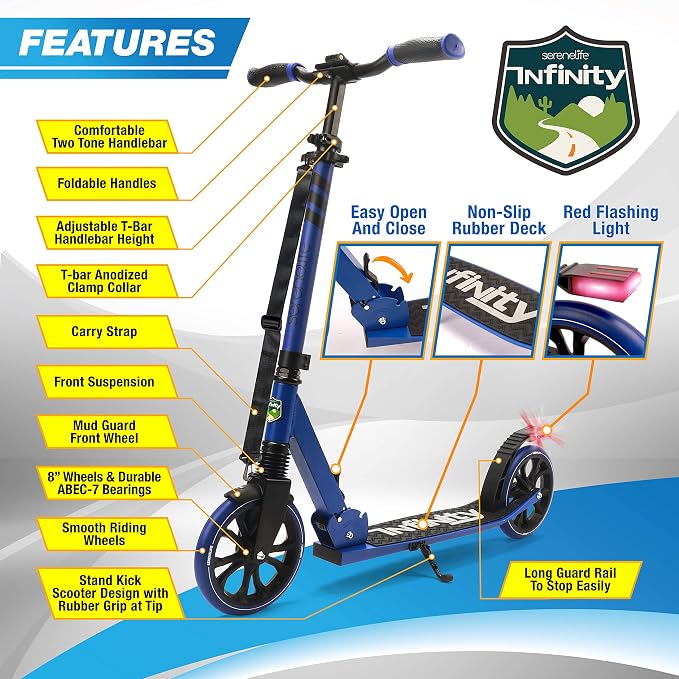 Folding Kick Scooter for Adults and Kids – Boys and Girls Freestyle Scooter with Big Wheels, 1-Kick Open Mechanism, Anti-Slip Rubber Deck and LED Light – Folding Grips Handlebar Adjusts to 3 Heights