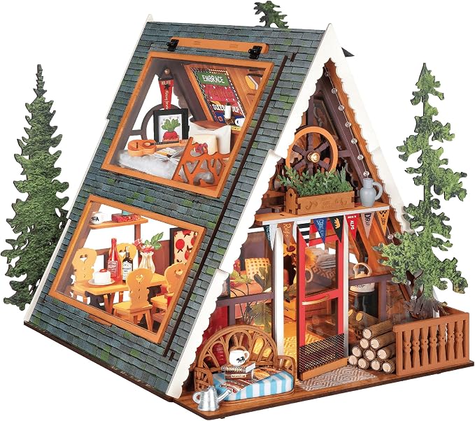 Rolife DIY Miniature House Kit for Adults, A-Frame Cabin Mini Wooden Dollhouse Kit, Tiny House Diorama Building Kits-Birthday Craft Home Decor Hobbies Gift for Friends Family