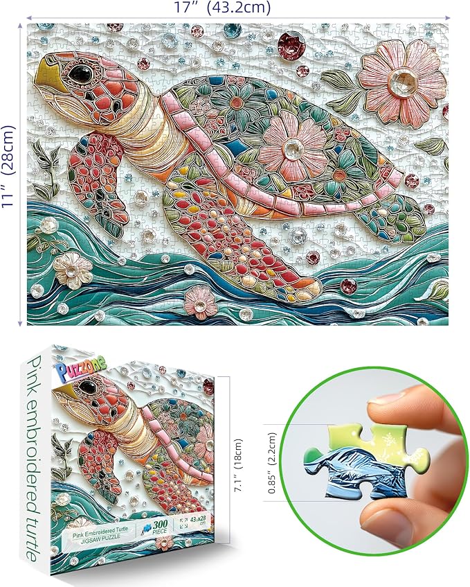 300 Piece Jigsaw Puzzle for Adults Mosaic Sea Turtle Mbroidery with Vibrant Gem & Floral Details Puzzle Colorful Beautiful Underwater Sea Puzzle with Letters on Back Ideal for Seniors &Game Nights