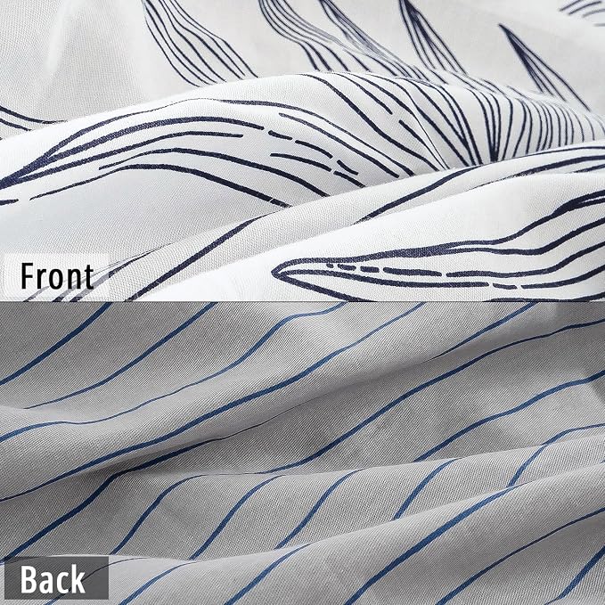 LEMIROE Botanical Cotton Comforter Queen Size - White Comforter with Delicate Black Leaves Patterns,Grey Reversible Lightweight Bedding Sets 3Pcs(Stripes)