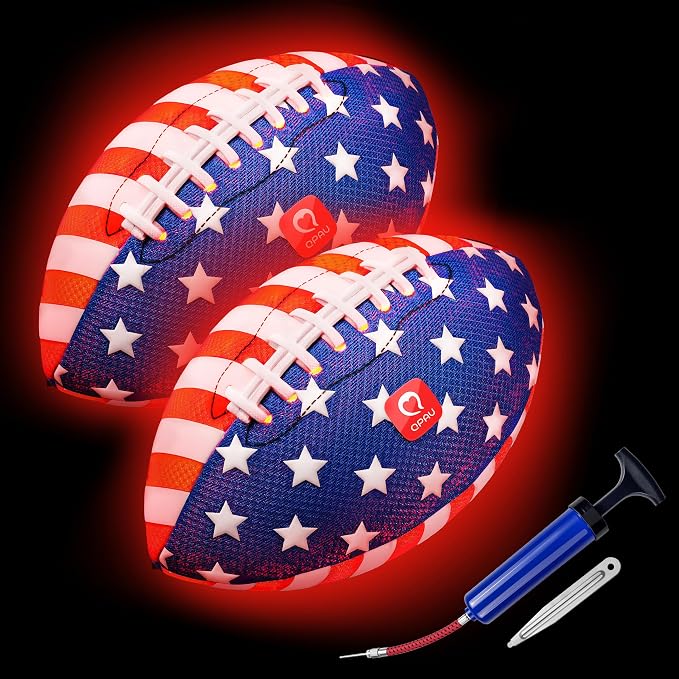 QPAU Glow in the Dark Football – 2 Pack Size 6 for Kids Ages 6-12, Strong Grip Light Up Football, Backyard Camping Outdoor Toy, Pump and Batteries Included, Birthday for Boys Girls