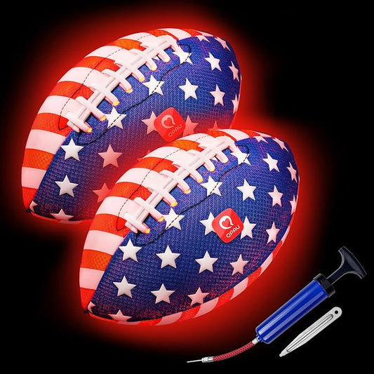 QPAU Glow in the Dark Football – 2 Pack Size 3 for Kids Ages 6-12, Strong Grip Light Up Football, Backyard Camping Outdoor Toy, Pump and Batteries Included, Birthday for Boys Girls