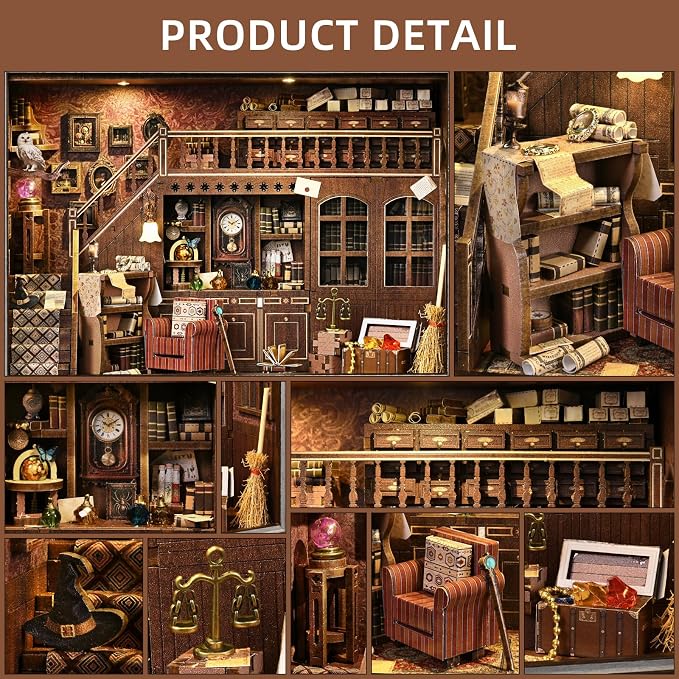 Book Nook Kit-3D Wooden Puzzle with LED Touch Control & Wall-Mountable Frame,DIY Miniature House for Beginners,Bookshelf/Tabletop/Wall Decor for Craft Lovers,Dollhouse Gift,Secret Attic