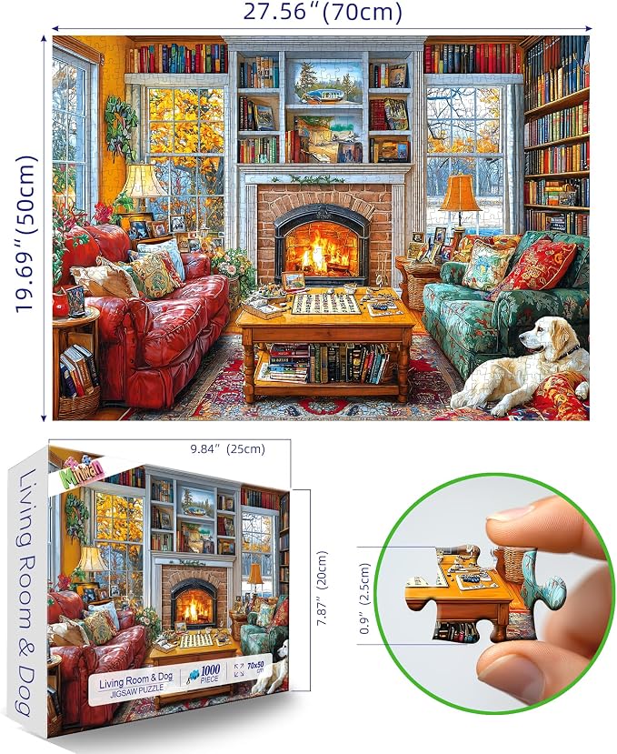 Cozy Reading Room 1000 Piece Jigsaw Puzzle for Adults Winter Library Scene with Fireplace, Books & Dog | Adult Puzzles for Relaxation, Fun Games for Game Night, Unique Mind Puzzles