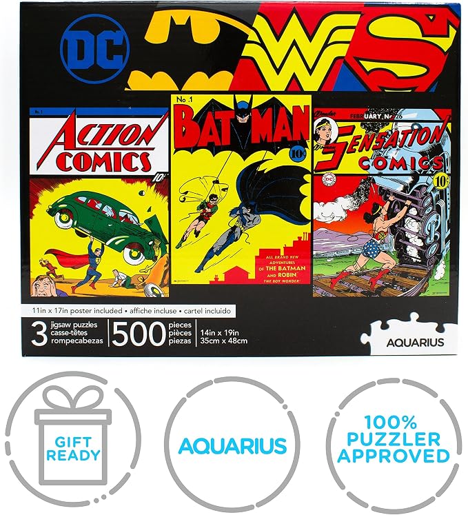 DC Comics 3 x 500 Jigsaw Piece Jigsaw Puzzle Set with Bonus Poster – Superhero Puzzle Pack for Adults, Kids & Families | Superman, Batman & Wonder Woman by Aquarius