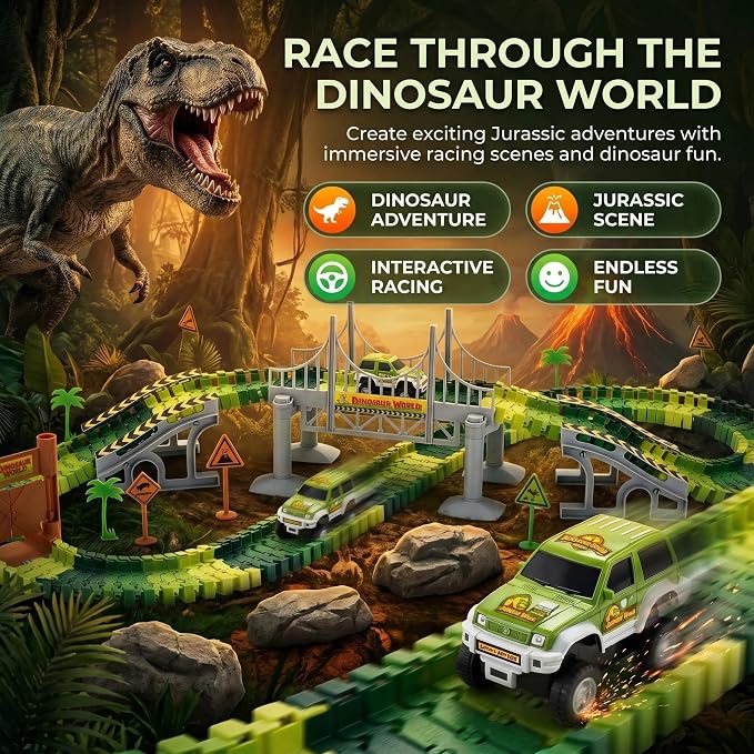 Dinosaur Race Track Toys for Boys 3-5, Flexible Bridge Car Track Set with 2 Toy Cars & Dinosaur Figures, Adventure Race Track Playset for Boys Age 4-7 Birthday Gifts