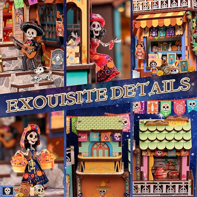 Cutefun Book Nook Kits for Adults, Mexican Art & Culture DIY Miniature House Dollhouse Bookend, 3D Wooden Puzzle with LED for Bookshelf Insert Decor, Creative Gifts for Teens (Plaza de Los Muertos)