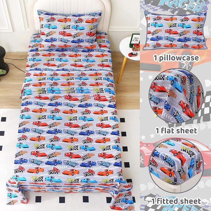 Viviland 3 Pieces Boys Race Twin Sheet Set - Soft Microfiber Fitted Flat Sheets & Pillowcase Bed Sheet Set - Grey Race Print Bedding Sets for Kids