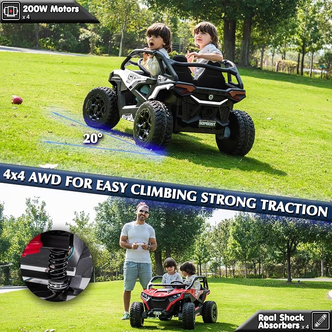 sopbost XL 24V Real 2 Seater Kids UTV Ride-On Car with Remote Control 4x4 4WD Electric Vehicle for Kids 3-8 to Drive, Bluetooth Music, 4 Spring Suspension, 21.85" Spacious Seat - White