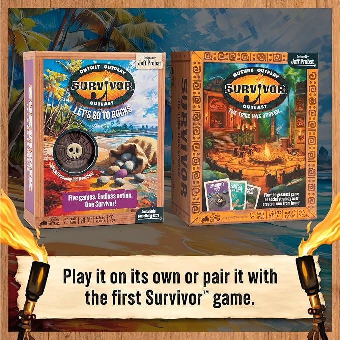 Exploding Kittens Survivor: Let’s Go to Rocks Game for Ages 8+, 2 to 6 Players, Strategy and Challenge Party Game with Rocks, Cards, and Immunity Necklace.