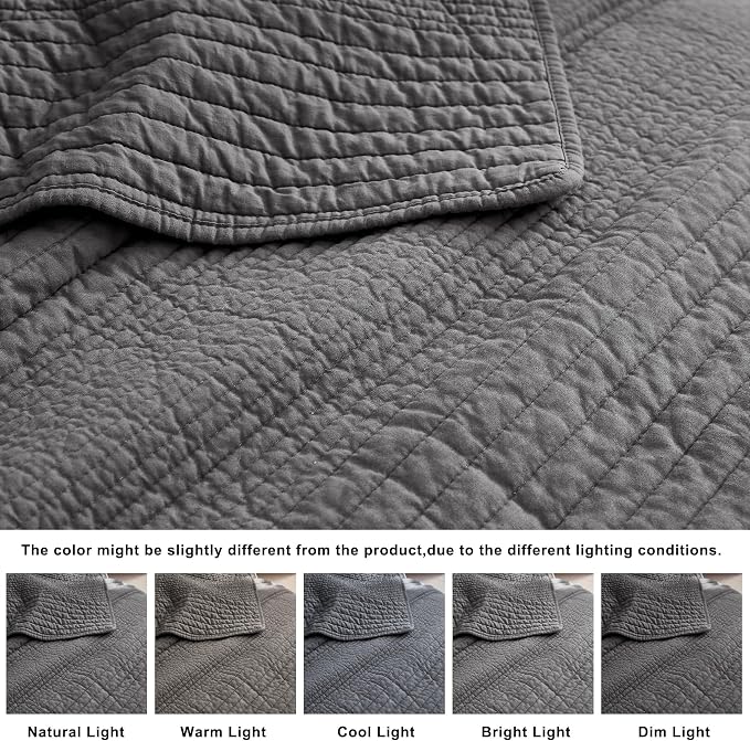 palassio Striped Dark Grey 100% Cotton Quilt Queen Size Bedding Sets, Lightweight Crinkly Channel Pick Stitch Textured Bedspread Soft Shabby Chic Farmhouse Country Coverlet for All Season, 2 Shams