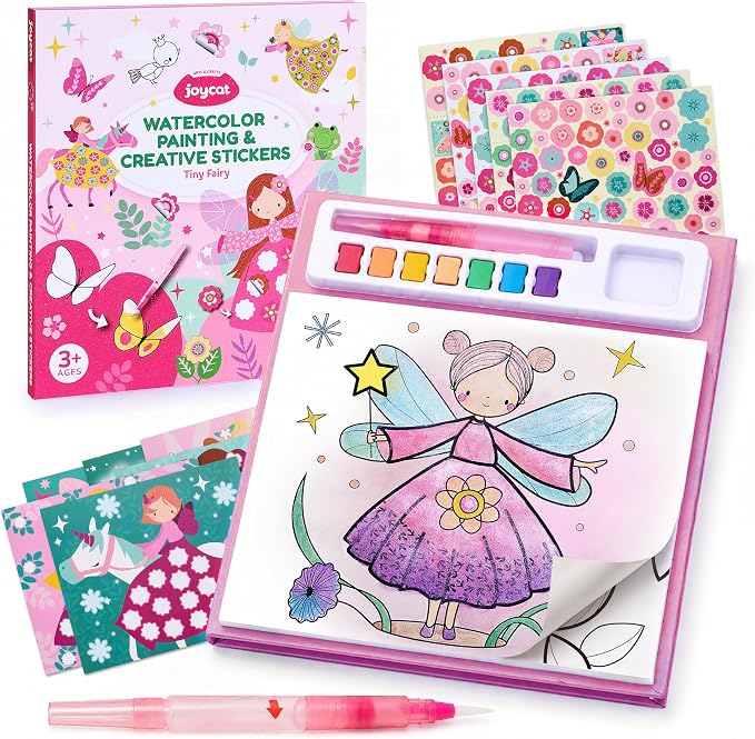 JoyCat Paint with Water Coloring Books & Creative Sticker(Tiny Fairy) | Watercolor & Sticker Activity - 200 Pcs Stickers for Kids, Toddler Painting Set, Art & Craft Travel Toy Gifts for Boys Girls