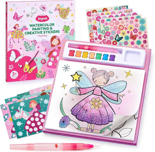 JoyCat Paint with Water Coloring Books & Creative Sticker(Tiny Fairy) | Watercolor & Sticker Activity - 200 Pcs Stickers for Kids, Toddler Painting Set, Art & Craft Travel Toy Gifts for Boys Girls