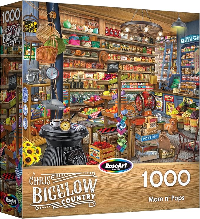 RoseArt - Chris Bigelow Country - Mom and Pops 1000 Piece Jigsaw Puzzle - Vintage Country Store Scene– Adult Puzzle – Finished Size 26.625 x 19.25, Made in USA