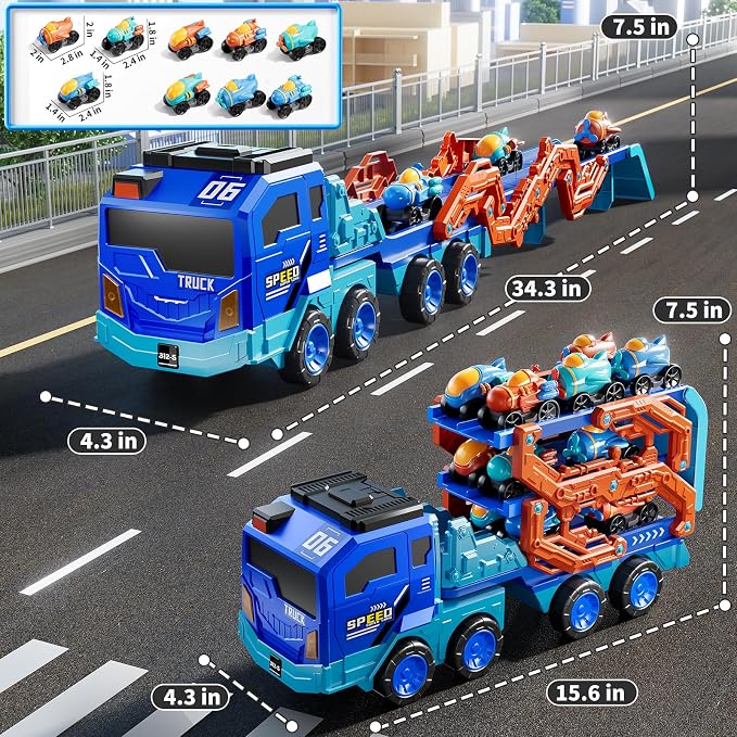 PEADUCK Toddler Car Truck Toys for Kids Boys Ages 3-5, 10-in-1 Foldable Carrier Space Truck Toys with Lights & Sounds and 9 Race Cars, Birthday Gift for 3 4 5 6 7 8 Years Old Boys Girls
