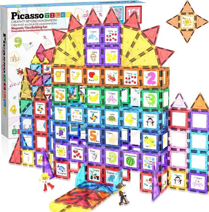 PicassoTiles 121 pc Master Builder Magnetic Building Block Construction Set Magnet Tiles Blocks with Car Truck, 2 Character Action Figures, 28 Educational Alphabet Animal and Number Graphics
