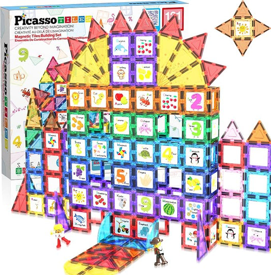 PicassoTiles 121 pc Master Builder Magnetic Building Block Construction Set Magnet Tiles Blocks with Car Truck, 2 Character Action Figures, 28 Educational Alphabet Animal and Number Graphics
