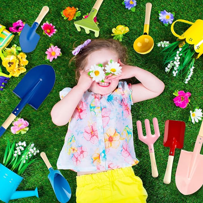 8 Pieces Kids Beach Sand Tools Metal Beach Spoon, Trowel, Rake, Forks, Flat and Pointed Shovel Sand Digging Buckets with Sturdy Wooden Handle for Children Gardening Use