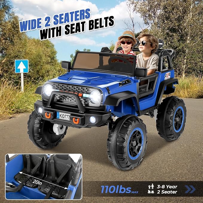 Hikole 24V Ride-on Car for Big Kids, 2 Seater Kids Ride Off-Road Car with Remote Control, Switchable 2WD/4WD, Extra Large 20" Seats, Spring Suspension, Music, 5.9MPH - Blue