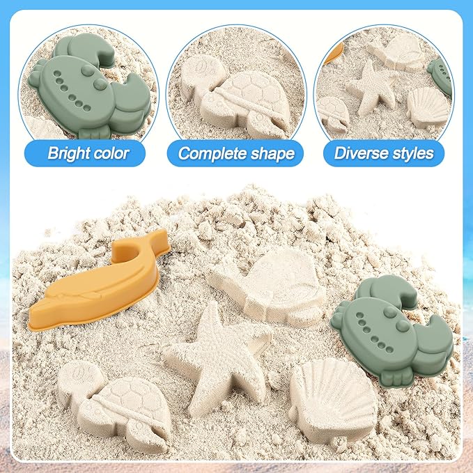 Biubee 9Pcs Silicone Sand Toys for Baby with Portable Beach Bag - Kids Beach Set with Beach Toy Molds Shovel Bucket Set - Toddler Sandbox Toys for Kids Outdoor Summer Playset