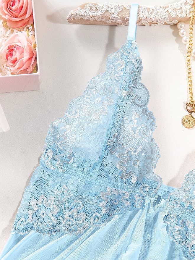 Foxiny Sexy Open Front V Neck Ruffle Sheer Mesh Lace Wireless Babydoll Lingerie Dress with Thong 2 Piece