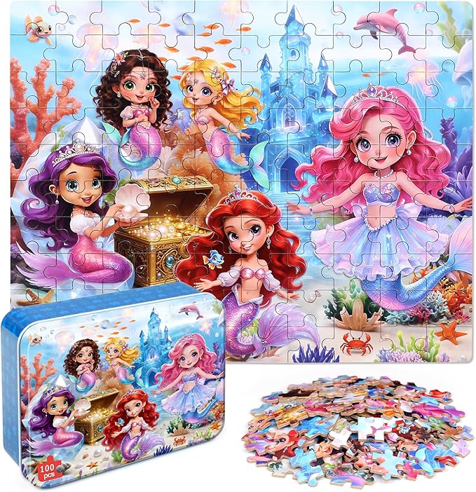 MZZOTOY Mermaid Princess Puzzle for Kids Ages 4-8, 100 Pieces Jigsaw Puzzles for Kids Ages 3-5， Learning Educational Puzzles Toys Great Gift for Boys Girls in a Metal Box