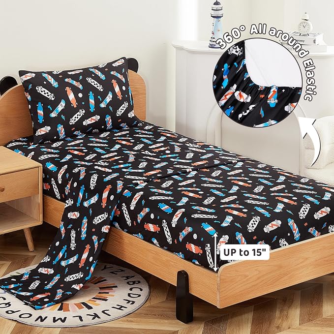 Viviland 3 Pieces Boys Black Twin Sheet Set - Soft Microfiber Fitted Flat Sheets & Pillowcase Bed Sheet Set - Cool Skateboard Bedding Sets for Kids