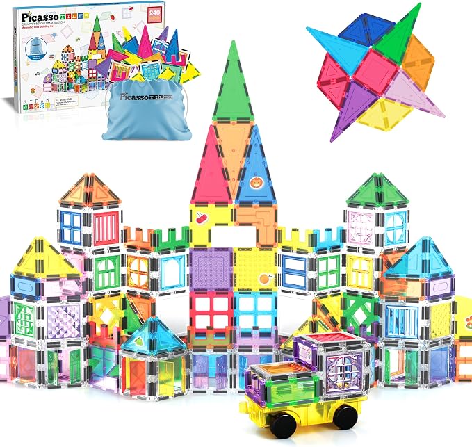 PicassoTiles 240pc Magnetic Tiles Building Set with Storage Bag Themed Stickers and Car Base Magnet Tile STEM Sensory Fun Creative Learning Classroom Must Have Educational Toy Boy Girl Age 3+ PT240