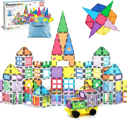 PicassoTiles 240pc Magnetic Tiles Building Set with Storage Bag Themed Stickers and Car Base Magnet Tile STEM Sensory Fun Creative Learning Classroom Must Have Educational Toy Boy Girl Age 3+ PT240